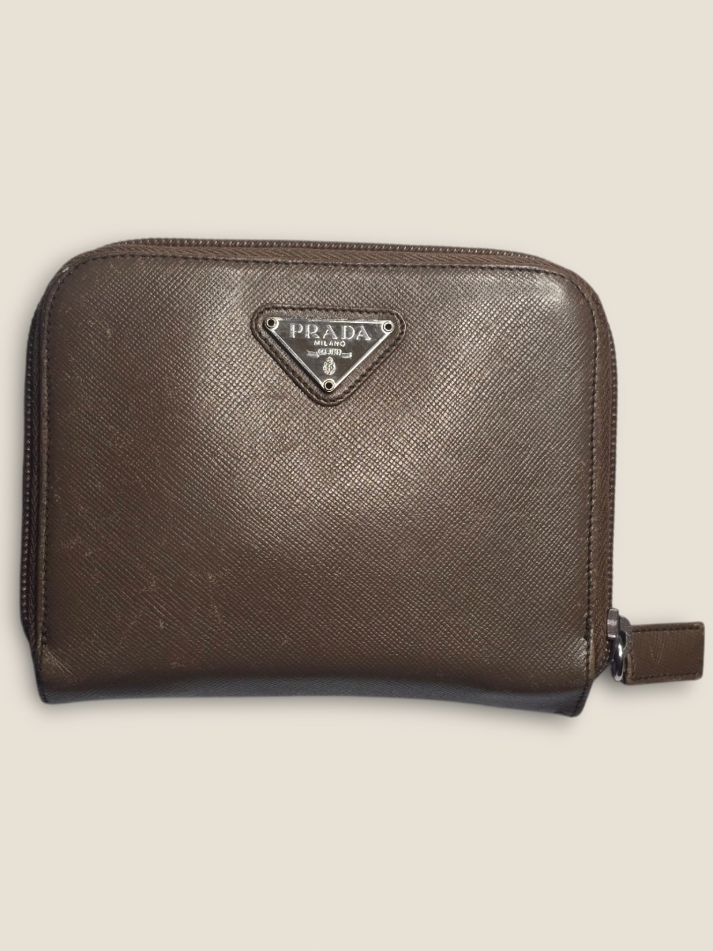 Prada Dark Brown Saffiano Zip Wallet with Triangle Logo
